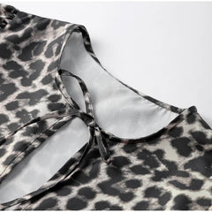 LIZAKOSHT - Sexy Leopard Print Bow Lace Up Hollow Out Shirts Women O-neck Ruffles Puff Short Sleeve Top Female Summer Lady Streetwear
