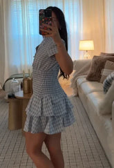 LIZAKOSHT - Plaid Waist Cinching A-line Dress Women Casual Short Sleeve V-neck Layered Pleated Mini Dresses Lady Holiday Street Robes