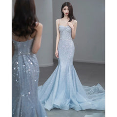 LIZAKOSHT - Sky Blue Celebrity Dress Spaghetti Strap Woman Sequins Mermaid Chapel Train Beading Wedding Beach Party Evening Gowns For Bride