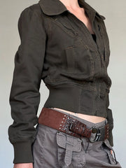 LIZAKOSHT  -  Vintage Cropped Jackets for Women Harajuku Slim Fit Lapel Zipper Coat Y2K Streetwear Long Sleeve Autumn Outerwear New