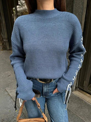 LIZAKOSHT - Solid Loose Round Neck Sweater Women New Fashionable Lace Up Bow Pullover Sweaters Long Sleeved Casual Knitted Tops 2025