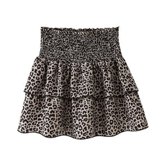 LIZAKOSHT - Vintage Elastic High Waist Leopard Print Mini Skirt Women Layered A-line Summer Short Skirts Y2K