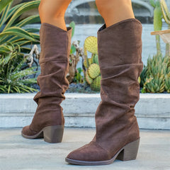 LIZAKOSHT - Big Size 43 Wasteland style Brown Knee High Boots Women Vintage Cowboy Boots Wide Legs Fit Shoes Square High Heels Western Boots