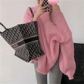 LIZAKOSHT  -  Fall Winter New French Lazy Style Rolled Edge Thick Needle Pullover Sweater Design Loose Knit Sweater Tops Female Jumpers