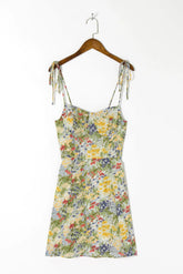 LIZAKOSHT - Sexy Women Lacing Up Sling Short Dresses Holiday Robe Retro French Yellow Green Floral Grass Print Spaghetti Strap Dress
