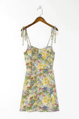LIZAKOSHT - Sexy Women Lacing Up Sling Short Dresses Holiday Robe Retro French Yellow Green Floral Grass Print Spaghetti Strap Dress