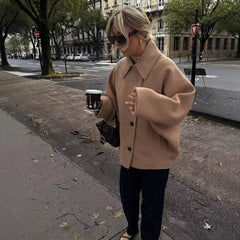 LIZAKOSHT - Elegant Single Breasted Wool Jacket Women Burgundy Loose Lapel Long Sleeve Pocket Female Coat 2025 Autumn Solid Commute Outwear