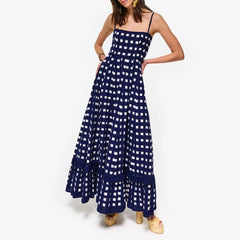 LIZAKOSHT - Boho Beach Vintage Plaid A-line Dress Checkerboard Print Ruffles Trim Flowy Dress Women Spaghetti Strap Maxi Dress