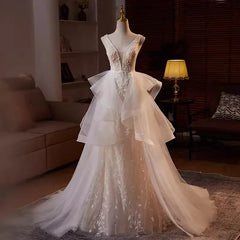 LIZAKOSHT - Elegant Real Picture Luxury Wedding Dresses With Tulle Train V Neck Sequined Applique Bridal Gowns Women Evening Formal Wear
