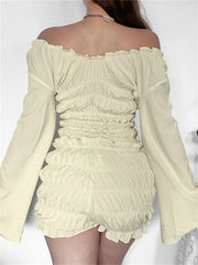 LIZAKOSHT - Summer Fashion Ruffles Chic 2 Piece Set Elegant Party Outfits Women 2024 Sexy Off Shoulder Long Sleeve Ruched Shorts Set