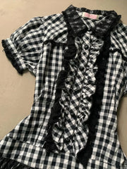 LIZAKOSHT - Vintage Design Black Plaid Dress Women's Summer Hot Girl Lapel Short Sleeve Shirt Dresses Fashion Hepburn Slim Thin New Outfits