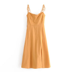 LIZAKOSHT  -  Sexy Solid Yellow Corset Style Bow Lacing up Strap Sling Dress Retro French Style Women Hem Slit Midi Long Dresses Holiday Robe