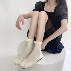 LIZAKOSHT - JK Lolita Kawaii Cute Socks Cute Bowknot Milky White Black Short Socks Women Soft Velvet Japanese Style Sweet Girls Short Socks