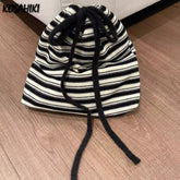 LIZAKOSHT - Contrast Color Striped Women Shoulder Bag Korean Vintage All Match Handbags Y2k Drawstring Knitted Crossbody Bags High-capacity