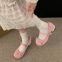 LIZAKOSHT - New Spring Summer Thick Heel Pink Shoes Elegant Bow Lolita Shoes College Girls High Heels Fashion Women Sandals
