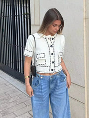 LIZAKOSHT  -  Elegant Knitted Cardigan Coat Women Fashion Single-Breasted Pockets Short Sleeve Crop Sweater 2025 New Summer Casual Slim Tops