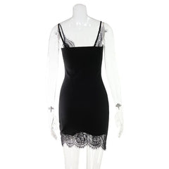 LIZAKOSHT - Women Sexy Solid Lace Patchwork Ribbed Camisole Bodycon Mini Dress V Neck Spaghetti Straps Backless Slim Wrap Hip Party Clubwear