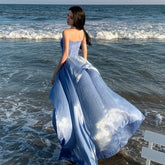 LIZAKOSHT - Blue Strapless Dresses for Women New French Elegant Slim Evening Party Long Dress Irregular Bottom Beach Wear Outifits