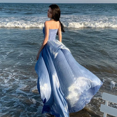 LIZAKOSHT - Blue Strapless Dresses for Women New French Elegant Slim Evening Party Long Dress Irregular Bottom Beach Wear Outifits