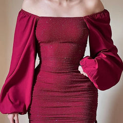 LIZAKOSHT  -  Sexy Wrap Hip Shinny Dress Women Elegant Square Collar Bodyon Office Dress Spring Autumn Lantern Sleeve Solid Mini Dress