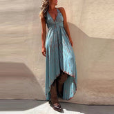 LIZAKOSHT - Women's Sexy Backless Hollow Out Irregular Dress Fashion Lace-Up Swing Long Dresses Elegant Hanging Neck Sleeveless Party Dress
