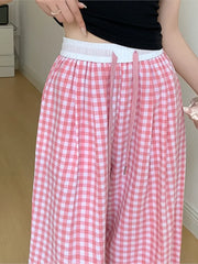 LIZAKOSHT - Spring Summer Thin High Waist Women's Plaid Wide Leg Pants Casual Elasticded Trousers Vintage Loose All-match Pants