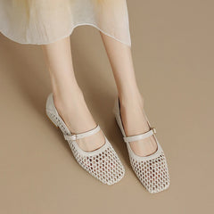 LIZAKOSHT - Black Beige Mesh Pumps Women's Summer Mary Janes Shoes 2.5cm Low Heels Comfy Square Toe Casual Footwear for Fat Feet