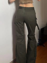 LIZAKOSHT - Y2K Denim Flare Pants Women Pockets Patchwork Straight Cargo Low Waist Trousers Vintage Casual Gray Streetwear Jeans