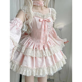 LIZAKOSHT - Japan Sweet Lolita Jsk Dress Women Elegant Ruffles Lace Bandage Princess Strap Dresses Girls Y2k Kawaii Tea Party Mini Dress