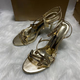 LIZAKOSHT - Luxury Gold Leafs High Heels Party Wedding Shoes for Women Sexy Ankle Strap Brand Dress Stilettos Open Toe Ladies Modern Sandals