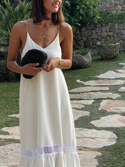 LIZAKOSHT  -  Women Elegant Lace Patchwork Sling Maxi Dress Fashion V-neck Sleeveless Pleated Hem Dresses Summer Lady Loose Beach Robes 2024