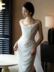 LIZAKOSHT - Satin Fishtail Wedding Dresses Simple Light Luxury Mermaid Niche Pleated Sleeveless Ivory Party Slim French Long Bride Gowns