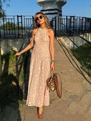 LIZAKOSHT - Elegant Chic Halter Long Dress Women Fashion Sweet Texture Sleeveles Maxi Dresses 2025 New Summer Simple Party Evening Vestidos