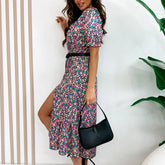 LIZAKOSHT - Sweet Puff Short Sleeve Dresses with Belt Women Chic Floral Print V-neck Party Dress 2024 Elegant High Split Summer Long Dress