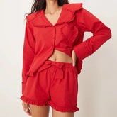 LIZAKOSHT - Women 2pcs Christmas Pajamas Set Frill Trim Long Sleeve Button Front Blouse Shirts Elastic Shorts Valentine's Day Loungewear