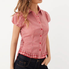 LIZAKOSHT - Cute Y2k Red Plaid T-shirt Blouse Woman Side Tie up Lapel Collar Short Cap Sleeve Slim Shirts Sweet Preppy Style Crop Tops