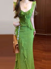 LIZAKOSHT - French Style Floral Print Backless Fish Tail Long Dress Summer Vacation Casual Loose Fit A-Line Skirt Green Leaf