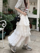 Lizakosht White Black Long Skirt Women Crochet Lace Skirt Goth Lolita Summer High Waisted High Low Ruched Ruffle Pleated Skirts rok