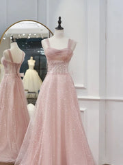 LIZAKOSHT - Elegant Pink Bridesmaid Dresses Wide Spaghetti A-line Shiny Handmade Beading Sleeveless Formal Wedding Party Prom Evening Gowns