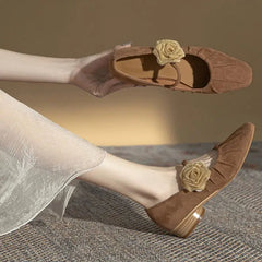 LIZAKOSHT - New Spring Retro Suede Mary Jane Low Heel Shoes Women Shallow Square Toe Chinese Style Floral Buckle Pleated Shoes Ladies Pumps