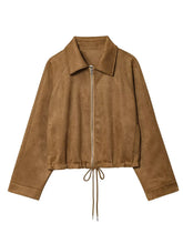 LIZAKOSHT - Suede Short Jacket Women Fashion Brown Zipper Long Sleeves Front With Drawstring Hem Pockets Outerwear New Autumn Winter