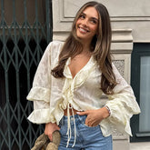 LIZAKOSHT - Chic Cascading Ruffle Top For Women V-neck Long Sleeve Hollow Out Lace Up Transparent Shirt 2025 Summer Female Casual Outerwear