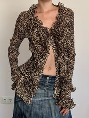 LIZAKOSHT - Sexy Leopard Chiffon Blouses for Women Ruffles Design Long Sleeve Tops Fashion Vintage Blouse Shirts Holiday Vacation