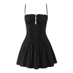 LIZAKOSHT - Summer Women Pink Bow Ruched Chest Corset Style Sling Dress Front Buttons Pleated Low Waist Ball Gown Swing Short Dresses Robe