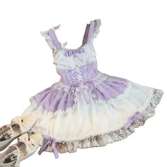 LIZAKOSHT - Japan Sweet Lolita Jsk Mini Dress Women Elegant Cute Bow Lace Bandage Princess Strap Dresses Girls Y2k Gothic Tea Party Dress