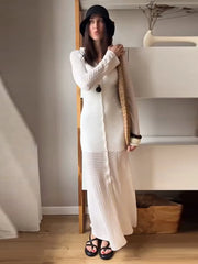 LIZAKOSHT  -  Deep V Cardigan Dresses Women Hollow Sexy Single-breasted Long Cardigan Summer White Slim-fit Long Sleeve Vacation Ladies Robe