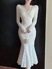 LIZAKOSHT - White Dress Women Elegant Fashion Long Dresses Female Evening Lace Long Sleeve Dress Ladies Party V Neck Bodycon Mermaid Robes