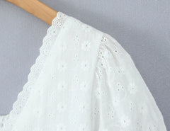 LIZAKOSHT - White Embroidery Hollow Out Hole Splice Lace V neck Short Puff Sleeve Shirt Women Center Button Elastic Back Slim Crop Tops