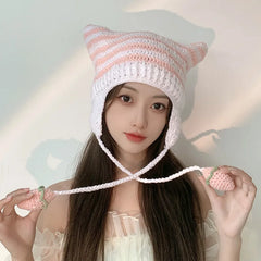 Lizakosht Japanese Cute Devil's Ears Beanies Women Autumn Winter Lolita Crochet Hat Y2k Striped Warm Knitted Hat Strawberry Pompom Hats