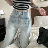 LIZAKOSHT - Fashion Brand Jeans Embroidery Letter Design Pants Y2k High Street Women Pants High Waist Wide Leg Loose Trousers Streetwear